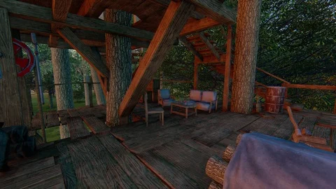 Forest fantasy rustic treehouse complex wild sunset fairy tale - seamless loop Stock Footage 105060202