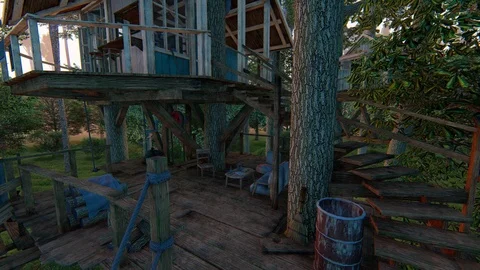 Forest fantasy rustic treehouse complex wild sunset fairy tale - seamless loop Stock Footage 105060204