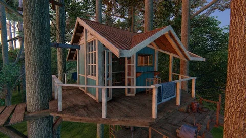 Forest fantasy rustic treehouse complex wild sunset fairy tale - seamless loop Stock Footage 105060223