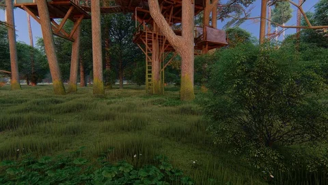 Forest fantasy rustic treehouse complex wild sunset fairy tale - seamless loop Stock Footage 105060250