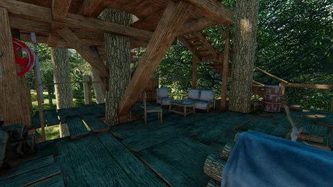 Forest fantasy rustic treehouse complex wild sunset fairy tale - seamless loop Vidéo 105104136