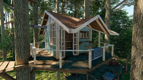 Forest fantasy rustic treehouse complex wild daytime fairy tale - seamless loop Stock Footage 105104149