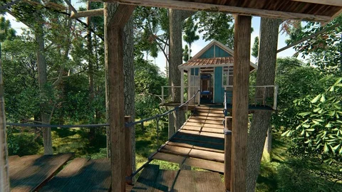 Forest fantasy rustic treehouse complex wild daytime fairy tale - seamless loop Stock Footage 105105192