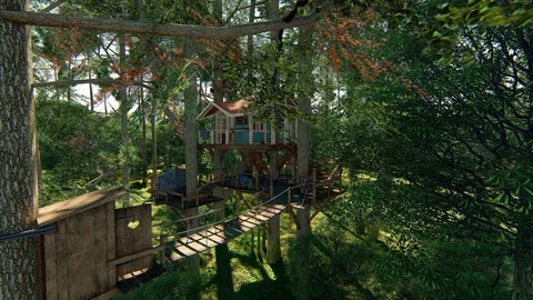 Forest fantasy rustic treehouse complex wild daytime fairy tale - seamless loop Stock Footage 105105209