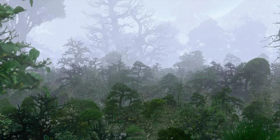 Forest in fantasy world. Surreal alternative realm. Dream like landscape. Stock Illustration
