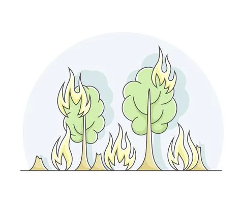 Forest Fire Accident with Flame Tails as Natural Cataclysm Line Vector Illustrazione stock