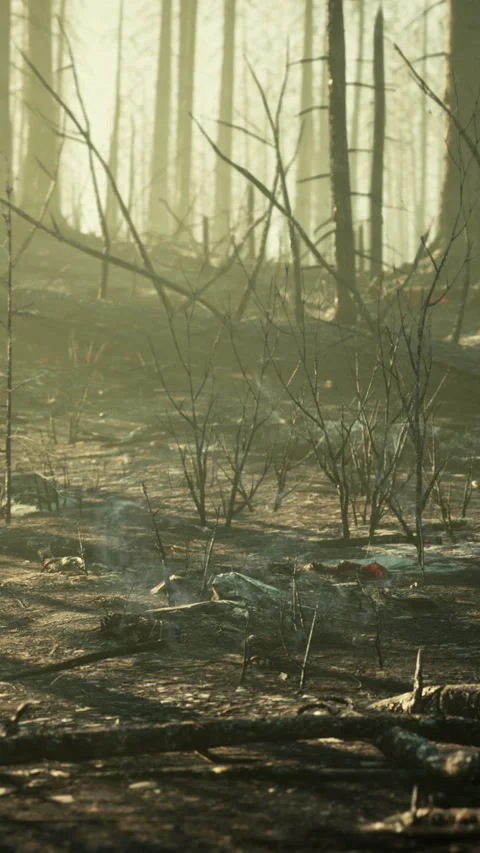 Forest fire and fallen tree is burned to the ground with a lot of smoke Stock Footage 306302636