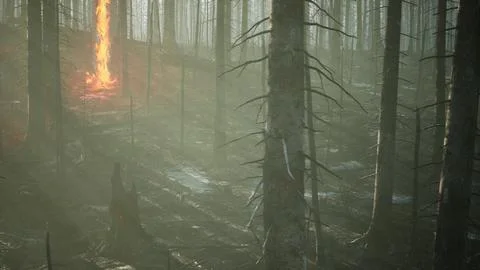 Forest fire and fallen tree is burned to the ground with a lot of smoke イラスト素材