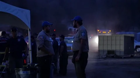 Forest Fire Base Camp Arrival Night Stock Footage 74275938