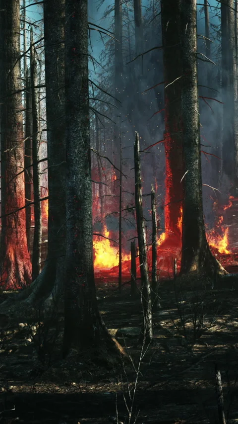 Forest fire with Burned trees after wildfire Stock Footage 277324414
