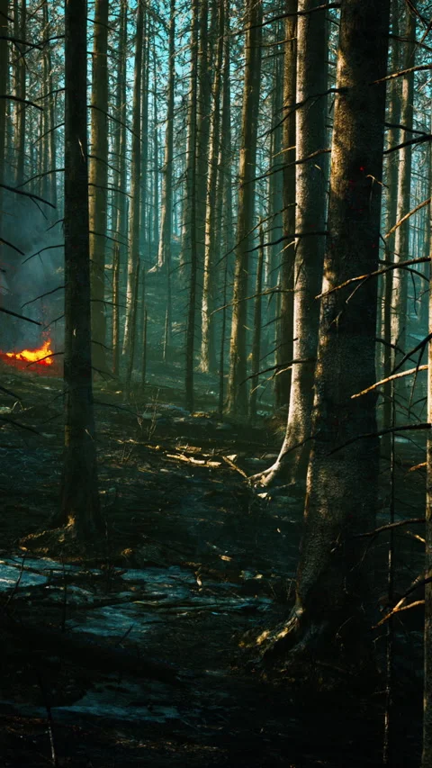 Forest fire with Burned trees after wildfire Stock Footage 290986988