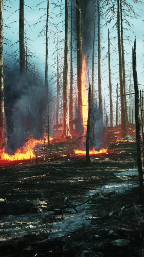 Forest fire with Burned trees after wildfire Stock Footage 290988074