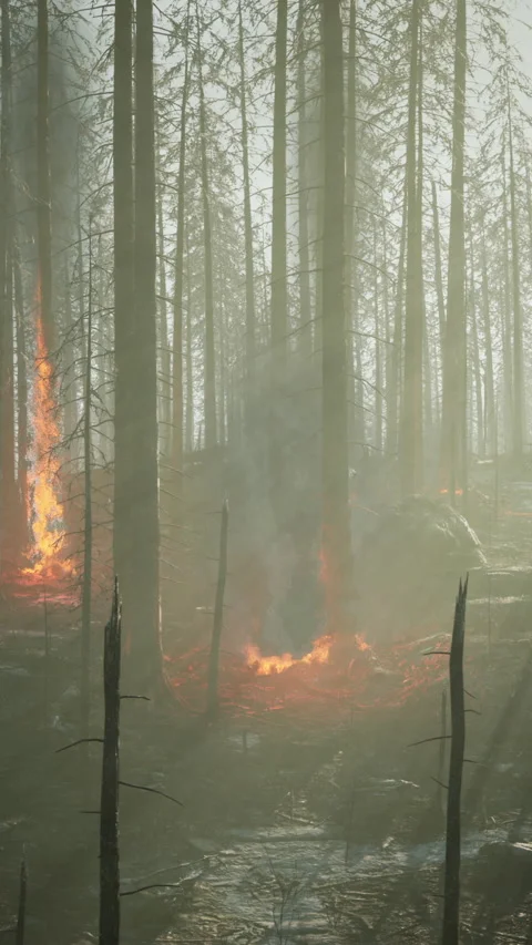 Forest fire with Burned trees after wildfire Stock Footage 306201107