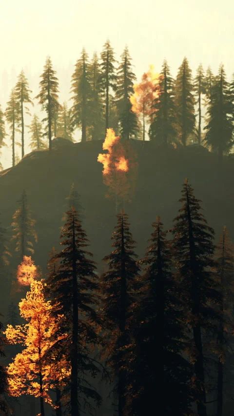 Forest fire burning trees on a hill during golden hour near mountains Stock Footage 342336259
