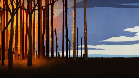 Forest fire burning trees at night Illustrazione stock