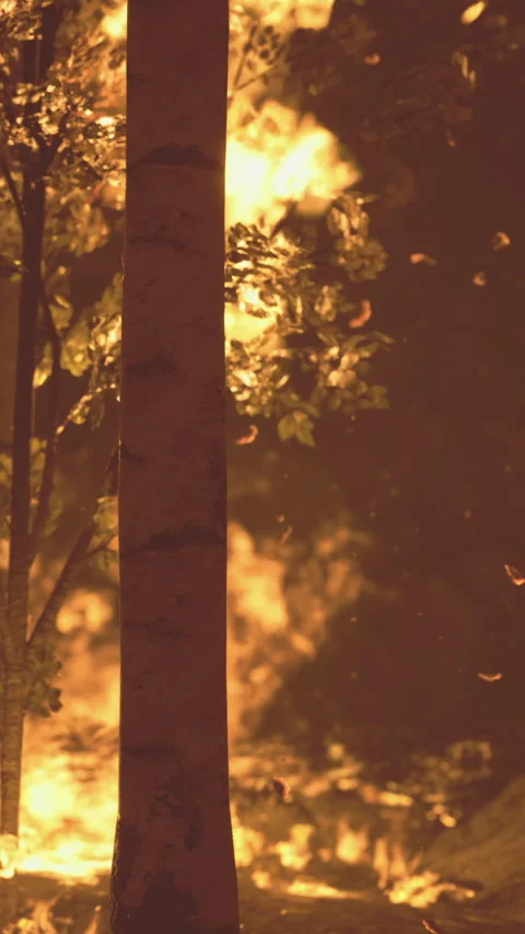 Forest fire consuming trees and underbrush in a dramatic blaze at dusk Stock Footage 324498859