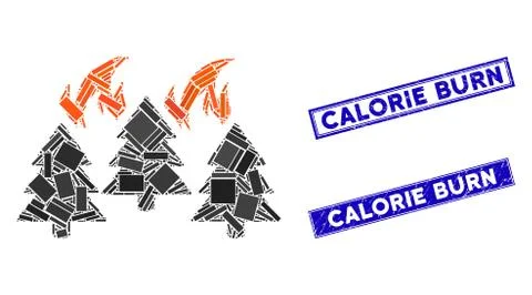 Forest Fire Disaster Mosaic and Grunge Rectangle Calorie Burn Seals Stock Illustration