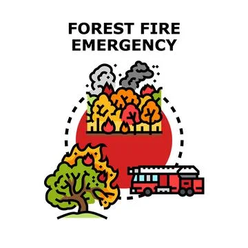 Forest fire emergency with burning trees and fire engine Ilustración de archivo