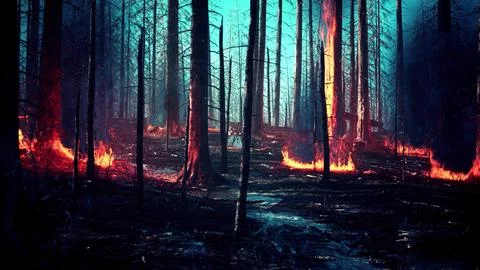 Forest fire with fallen tree is burned to the ground Illustrazione stock