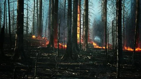Forest fire with fallen tree is burned to the ground Illustrazione stock