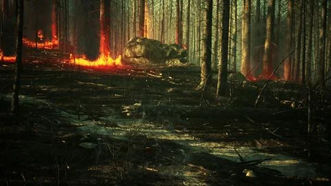 Forest fire with fallen tree is burned to the ground Illustrazione stock