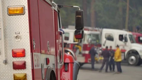 Forest Fire Fire Engines Roll In and Out Stock Footage