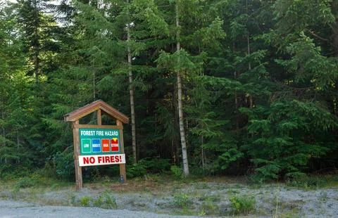 Forest fire hazard warning sign with danger level indicators and "NO FIRES!.. Stock Photos