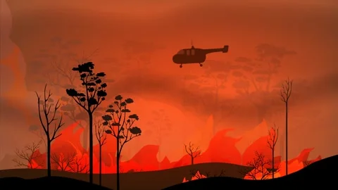 Forest Fire with Helicopter Rescue Flat Animation Stock Footage 309244489