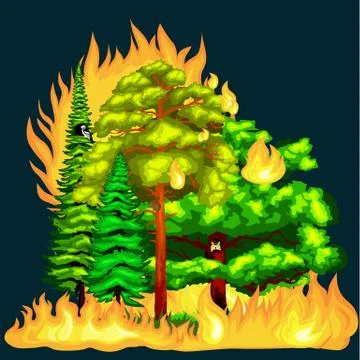 Forest Fire,  in  landscape damage, nature ecology disaster, hot burning tre Stock Illustration