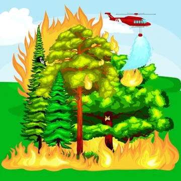 Forest Fire,  in  landscape damage, nature ecology disaster, hot burning tre Stock Illustration