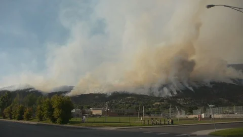 Forest fire on a mountain behind a town.  Large plumes of smoke hang overhead. 動画素材 92606502