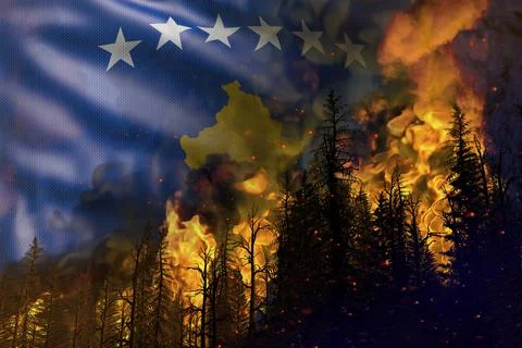 Forest fire natural disaster  - fire in woods on Kosovo flag 스톡 일러스트