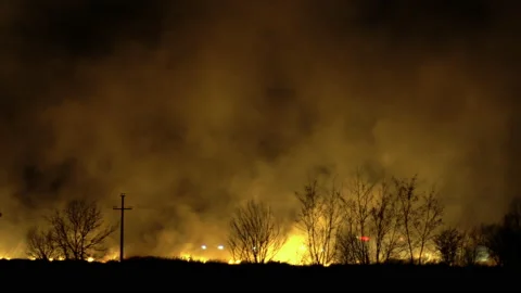 Forest fire at night with big cloud of smoke, air pollution and global warmin Stock-Footage 156039514