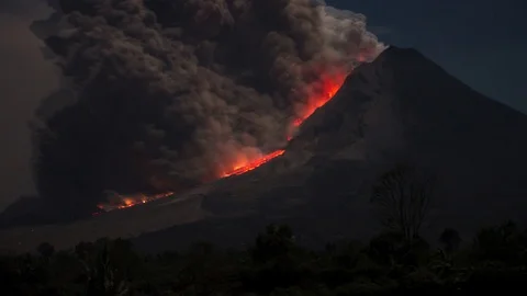 Forest fire at night on burning mountain in California 库存影片 100361394
