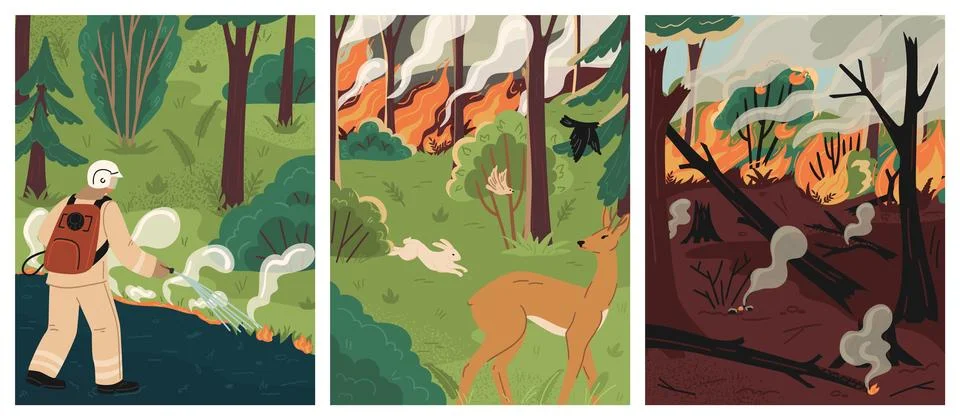 Forest fire scene with scared running animals and burnt trees 库存插图