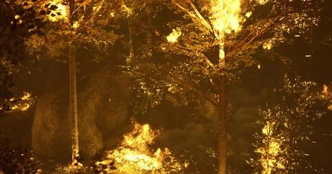 Forest fire spreads rapidly through trees at dusk in remote wilderness Stock Illustration