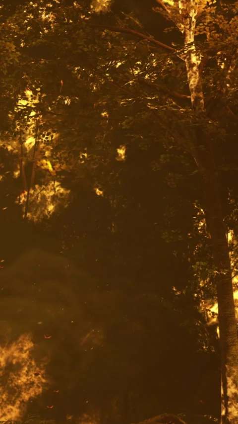 Forest fire spreads through the trees and brush in a dense woodland area Stock Footage 334258332