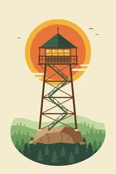Forest Fire Watchtower At Sunset With Pine Trees Illustration
