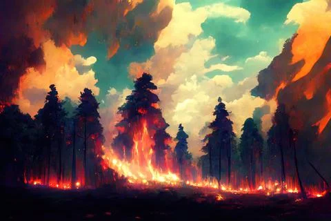 Forest Fire, wildfire caused by climate change, smoke and flames reaching the Stock Illustration