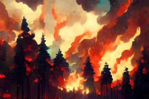 Forest Fire, wildfire caused by climate change, smoke and flames reaching the Stock Illustration