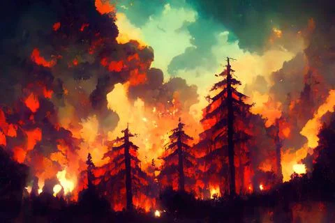 Forest Fire, wildfire caused by climate change, smoke and flames reaching the Stock Illustration