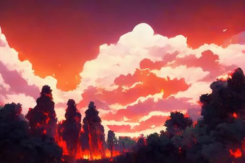 Forest Fire, wildfire caused by climate change, smoke and flames reaching the Stock Illustration