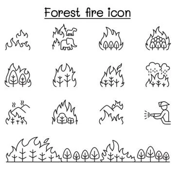 Forest fire, wildfire icons set in thin line style 스톡 일러스트