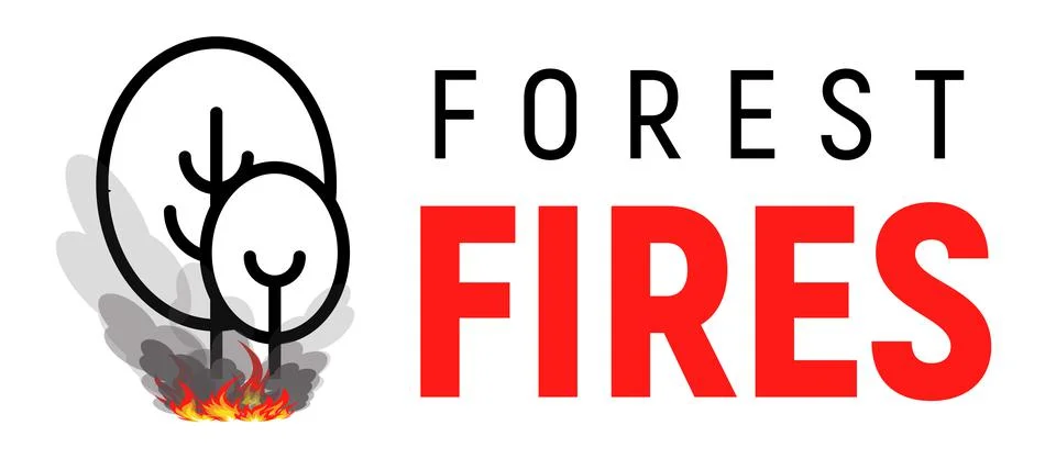 Forest fires. Two trees with bonfire under them. Flat line logo template Stock Illustration