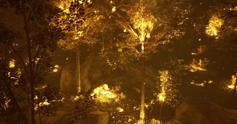 Forest in flames during wildfires causing destruction at sunset Stock Illustration