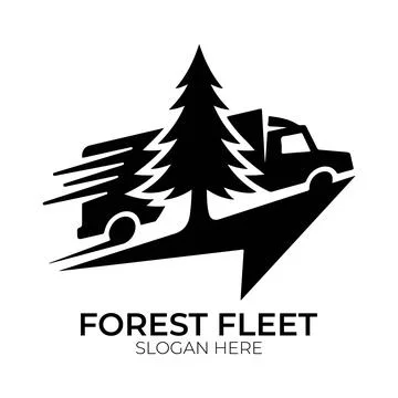 Forest Fleet Logo Design with Pine Trees and Transport Truck Stock Illustration