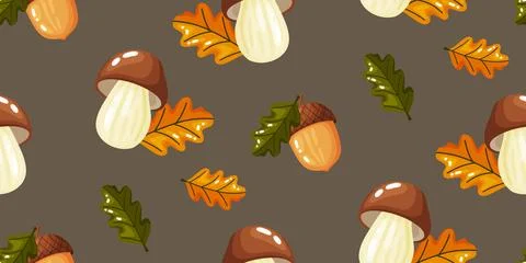 Forest Foraging Pattern Mushrooms Acorns Leaves Stock Illustration