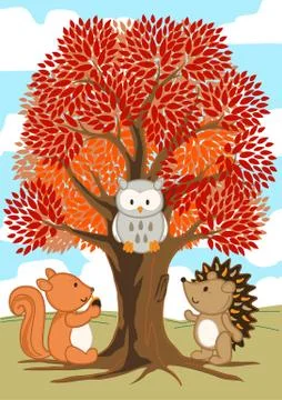 Forest friends under a tree in fall Stock Illustration