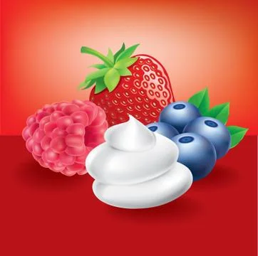 Forest fruit, raspberry, strawberry, blueberry with whipped cream Stock Illustration