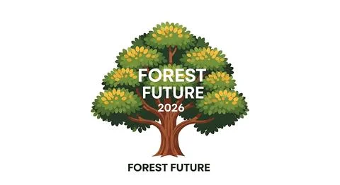 Forest future 2026 concept with vibrant green tree illustration and text, n.. Stock Illustration